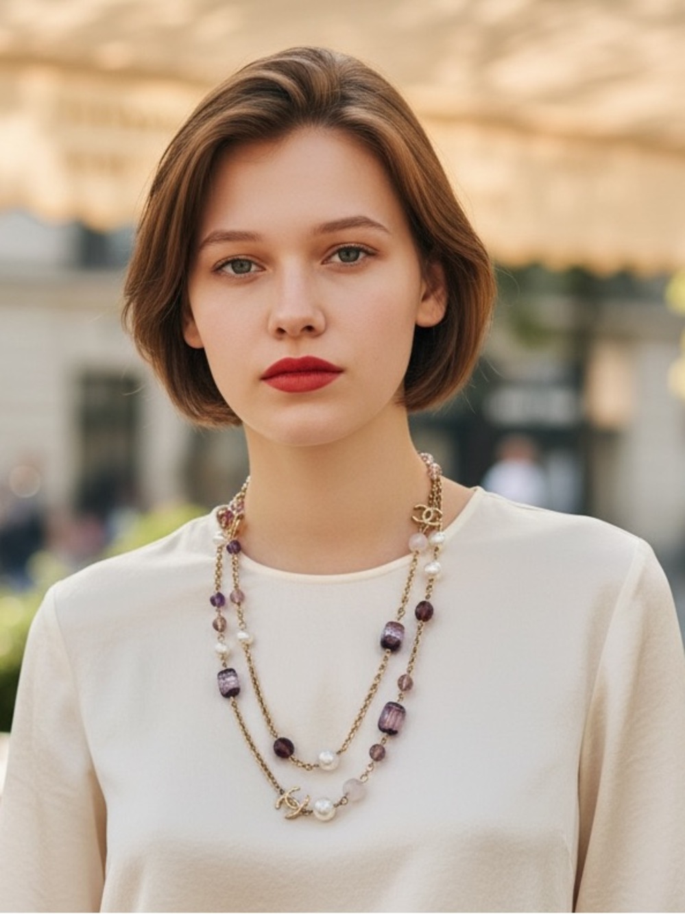 CHANEL Purple and Pearl Multi-Strand Necklace with Gold Chain